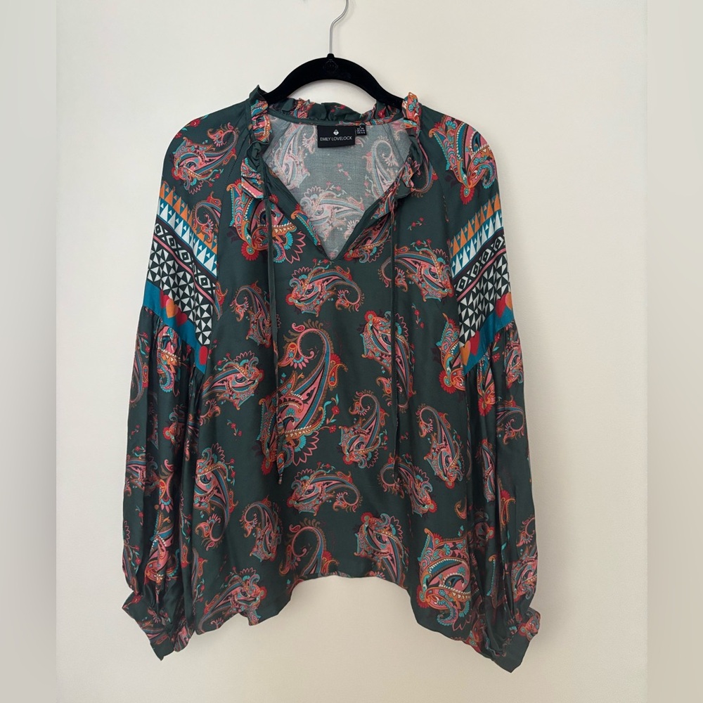 Emily Lovelock Dark Green Paisley Peasant Blouse